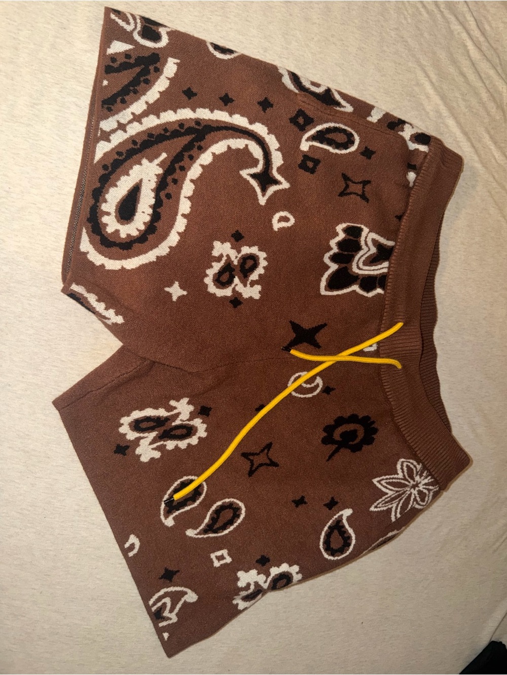 MNML Brown Bandana Print Knit Shorts with Yellow Drawstring